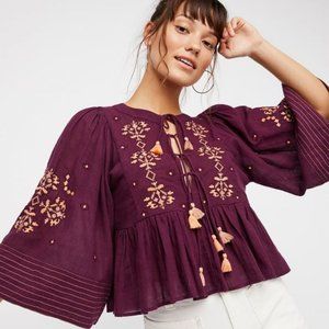 Free People Burgundy Floral Embroidered A-Line tie Pleated Peasant Top XS